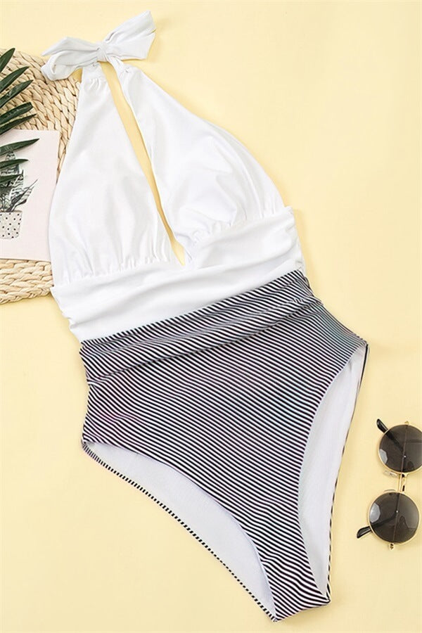 Stripe-Bottom-Deep-V-Pleated-One-Piece-Swimsuit-White