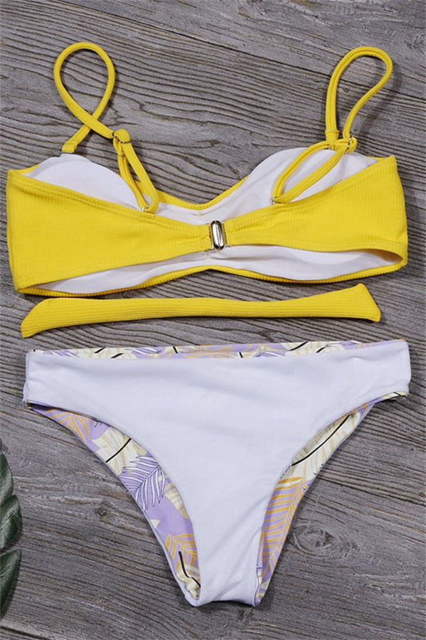 Yellow Halter Top Feather Print Mid Bottom Bikini Set – BelaWave