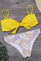 Yellow-Halter-Top-Feather-Print-Mid-Bottom-Bikini-Set