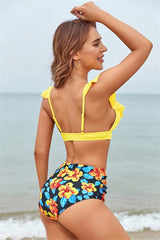 Yellow-Ruffle-Shoulder-V-Neck-Top-High-Waisted-Floral-Bottom-Two-Piece-Bikini-Sets